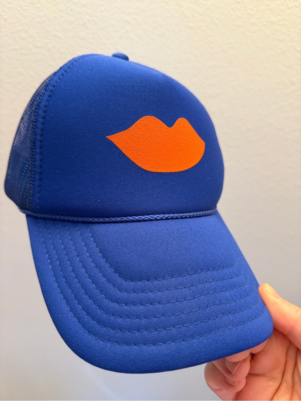 Clare V. Blue Trucker Hat with Lips Graphic